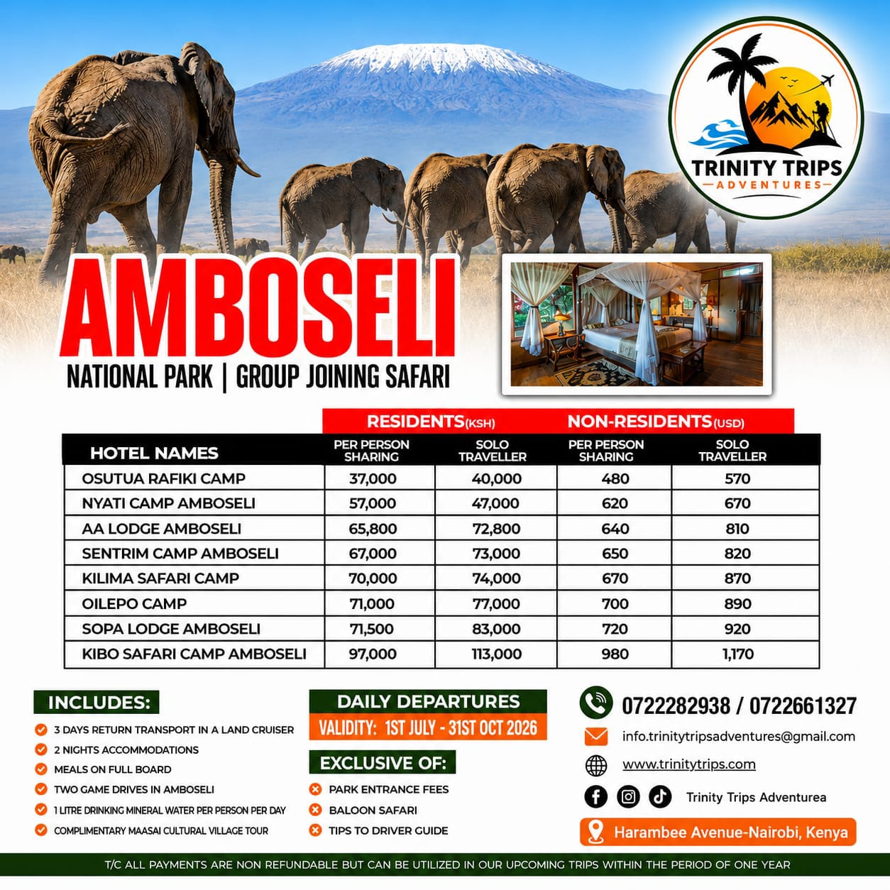 Trinity Trips brochure: Amboseli National Park group joining safari beneath Kilimanjaro.