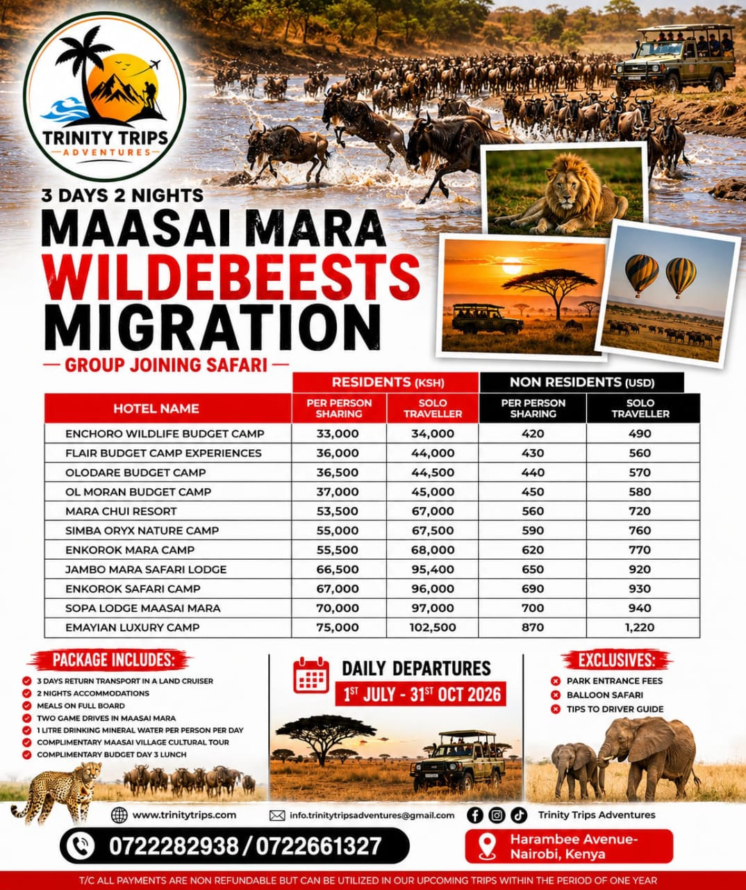 Trinity Trips brochure: Maasai Mara Wildebeests Migration 3-day group joining safari.